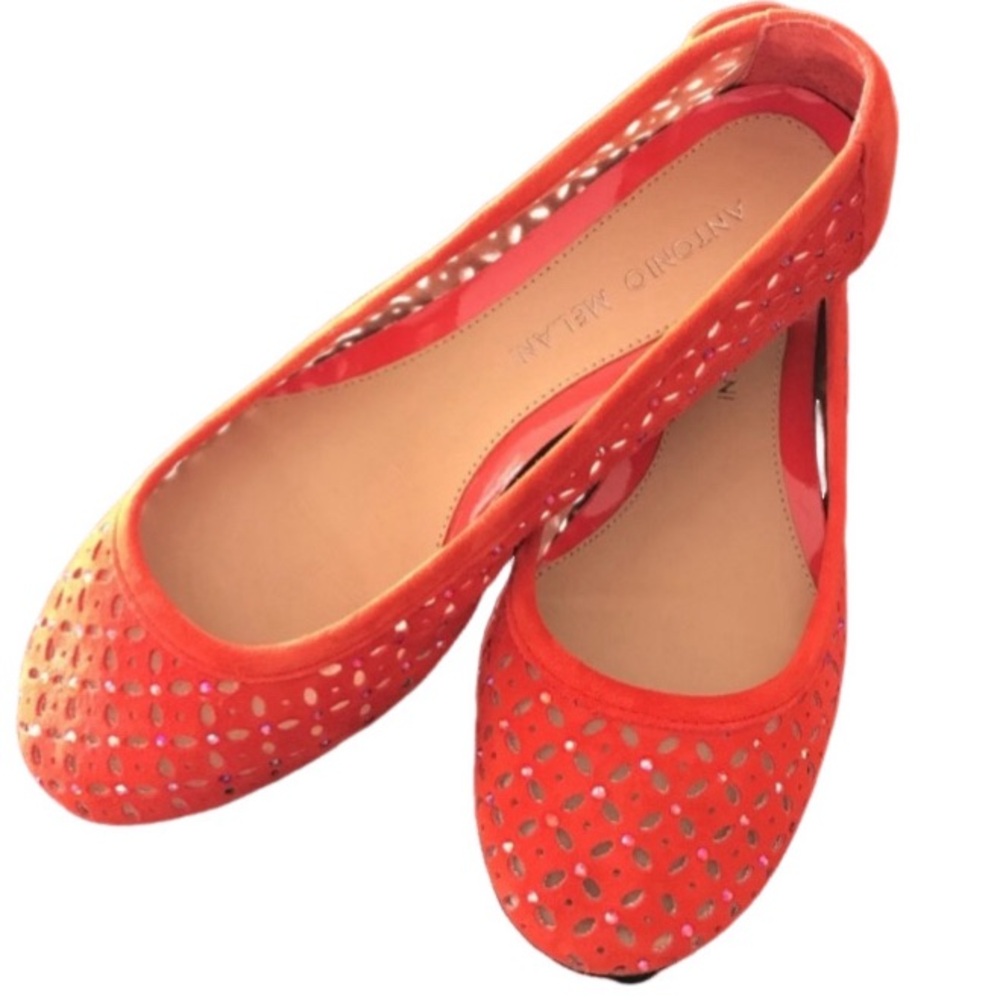 Antonio Melanie 6M orange suede laxer cut mesh flats with sparkle crystal studs - Picture 3 of 11